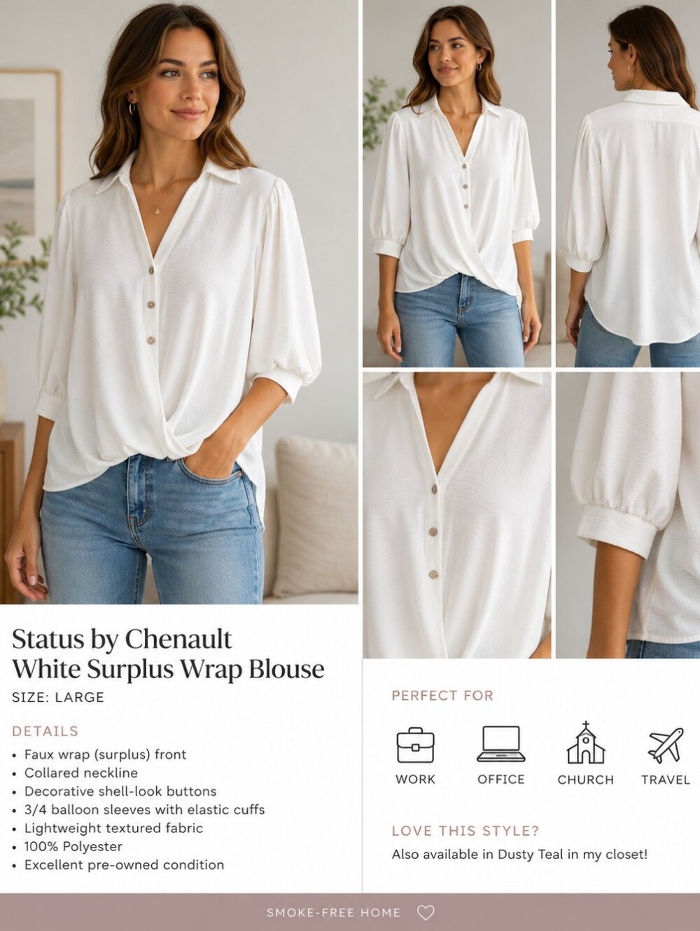 Status by Chenault White Surplus Wrap Blouse Large 3/4 Sleeve